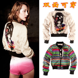 Fashion hm vintage multicolour fancy reversible jacket outerwear hm stand collar two ways outerwear free shipping