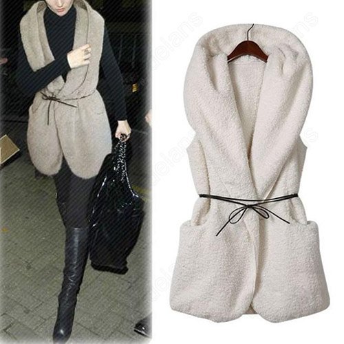 Fashion Hollywood Women's Oversized Thick Faux Fur Sheepskin Hooded Vintage Vest Coat with Belt 31376