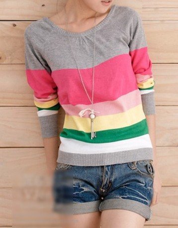 Fashion Hot Sale Round Collar Colorful Stripe Long Sleeve Woman Knitwear Sweater Free Shipping