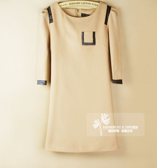 Fashion hot-selling woolen one-piece dress casual women's leather pocket three quarter sleeve dress