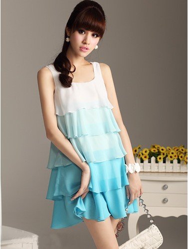 Fashion hotsale summer gradient water blue chiffon dress,cascading ruffle party jumper skirt,free shipping.421