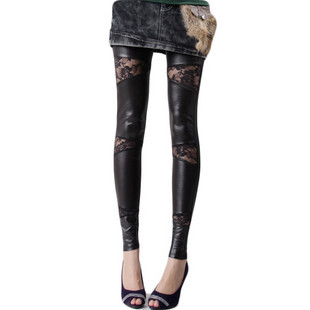 Fashion in popular leather patchwork lace ankle length legging plus size available