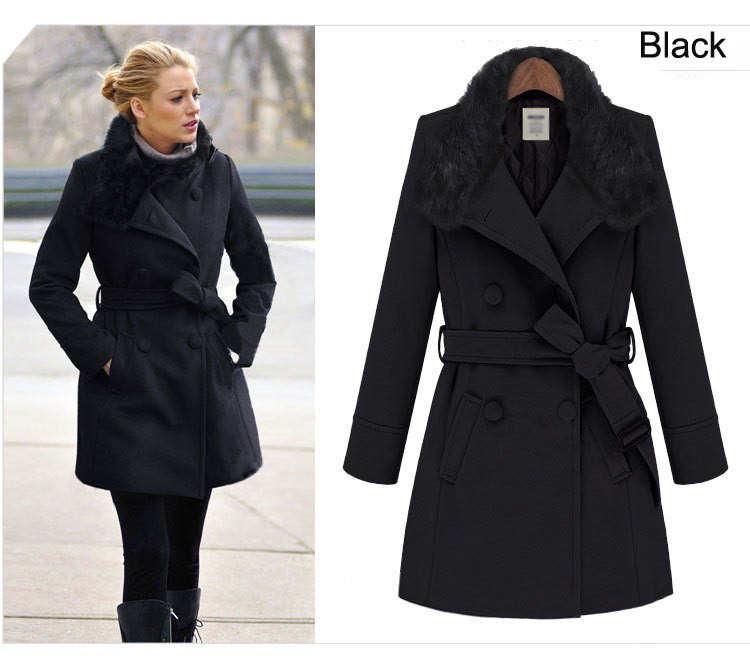 Fashion Jackets And Coats For Women Rabbit Hair Collar Double Breasted Trench coat With Sashes