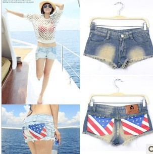 Fashion Korea Distreessed Sexy Slim Leggings Jeans Shorts Woman Denim Jeans with us flag design