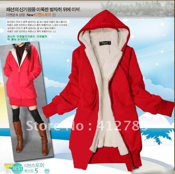 Fashion Korea Hooded Winter Coat Women Long Sleeve Thicking Lambswool Lining Warm Casual Cotton Jacket, Free Shipping