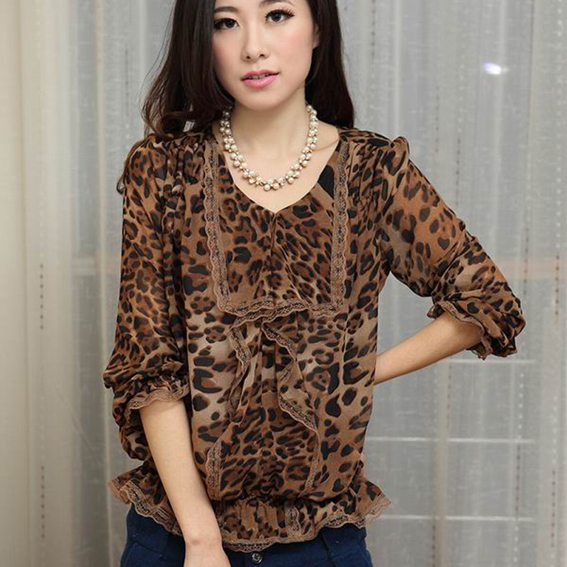 fashion Korea style Chiffon blouse print o Neck turn-up cuff thin long sleeve leopard shirt free shipping.w206