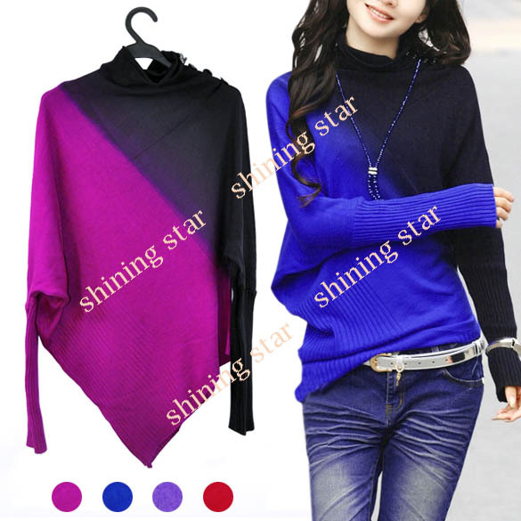 Fashion Korea Women's Long Sleeve Sweater Irregular Bat-wing High Neck Knit Sweater Wear Jumper Casual Tops 7276