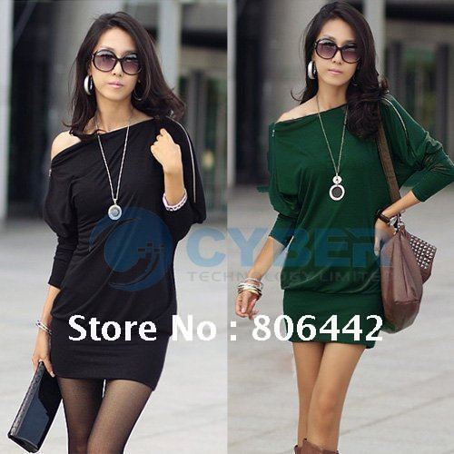 Fashion Korea Women's Off-Shoulder Tops T-Shirt Zip Long Sleeve Batwing OL Mini Dress 3Sizes Free Shipping