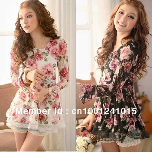 Fashion Korean Lace Gauze Rose Floral Long Sleeve Casual Skirt Dress [23790|99|01]