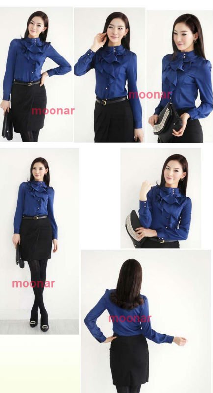 Fashion Korean Ladies Mandarin Collar Career T Shirts Tops Slim Waist Blouse E0513