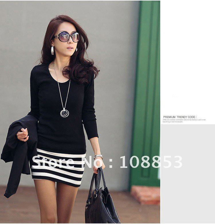Fashion Korean Women's Ladies Long Sleeve Cotton Casual Slim Striped Mini Dress Free Shipping CMC-0097