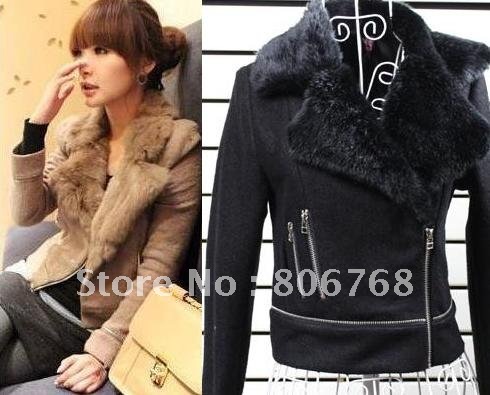 Fashion Korean Women's Outerwear Zippered Faux Fur Wool Thin Style Short Jacket Coat Black and camel