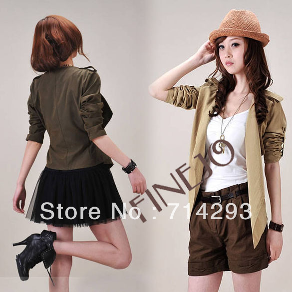Fashion Korean Women's Tunic Bolero Tops Coats Smocked Fitted Jackets Outwear Khaki, Army Green Free Shipping 7158