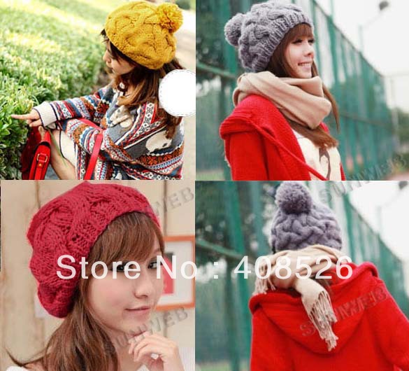 Fashion Korean Women's Winter Warm Knit Wool Beanie Hat Crochet Warm Pumpkin Ball Cap 7 colors free shipping 9083