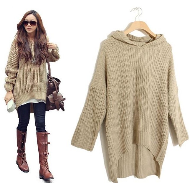 Fashion Korean Womens Loose Long Irregular Hem Hooded Sweater Fashion Outerwear