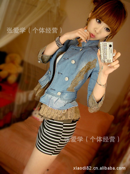 Fashion lace decoration stand collar 7 double breasted denim coat