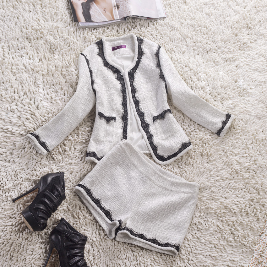 Fashion lace delicate wool twinset outerwear top jacket coat+shorts sets clothes clothing