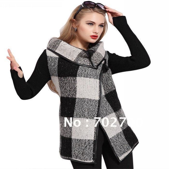 Fashion Ladies Autumn & Winter Garment Black Knitted Sleeve Detachable Leather Belt Long Warm Plaid Women's Coat Tops