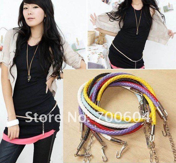 Fashion Ladies' Charm Slim Knitted Leather Belt Multi Circle Metal Chain Waistband 5 pcs/lot Mix colors wholesale