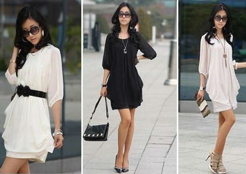 Fashion ladies' dresses Women clothing Bracelet Sleeve Mini Chiffon Dress /Black White 6sizes h008