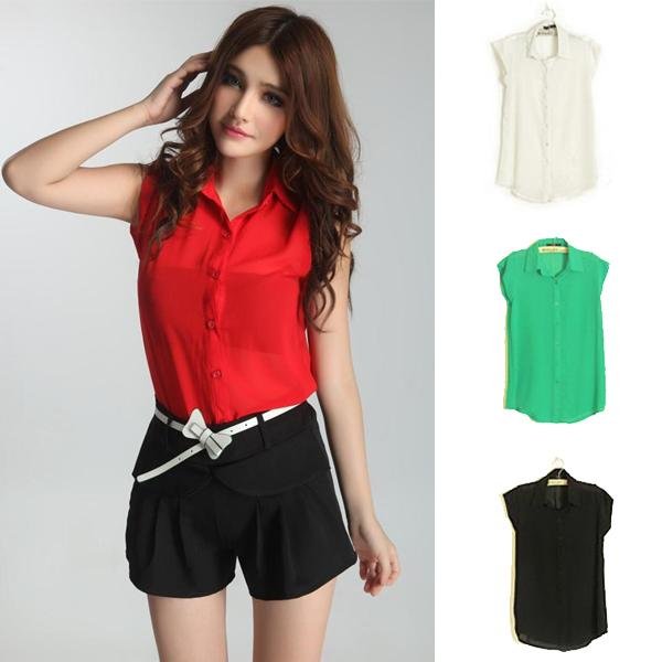 Fashion Ladies OL Sleeveless Solid Color Chiffon Blouse Shirt Top 4 Colors A1371