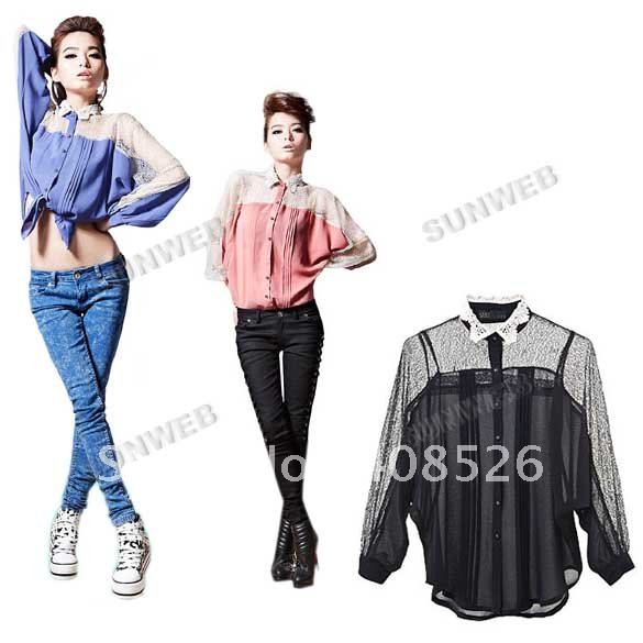 Fashion Ladies Women's Lace Long Sleeve Batwing Shirt Chiffon Blouse Top 3 Colors Free shipping 7742