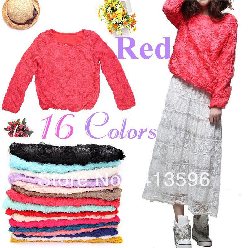 Fashion Lady 3D Lace Rose Flower Mesh Lace Jumper Pullover blouse Shirt Tops Loose T-shirts Blouse women sweater 16 Colors