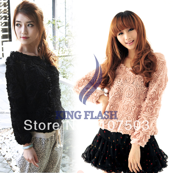 Fashion Lady 3D Lace Rose Flower Pullover Chiffon blouse lady Shirt Tops Loose T-shirts Blouse women sweater 7408
