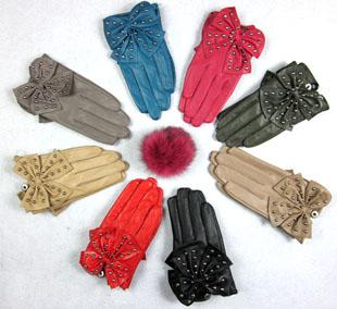Fashion lady , gaga sheepskin rivet big bow sheepskin genuine leather gloves Free Shipping