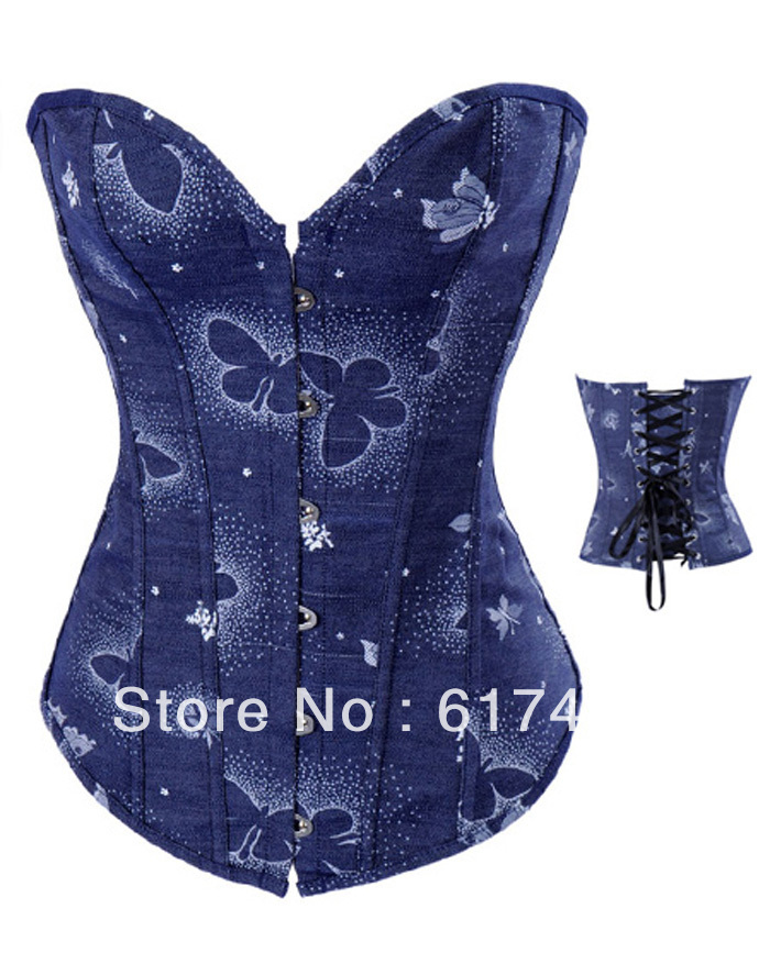 Fashion lady intimates sexy lingerie Butterfly Prints Denim Corset 2831