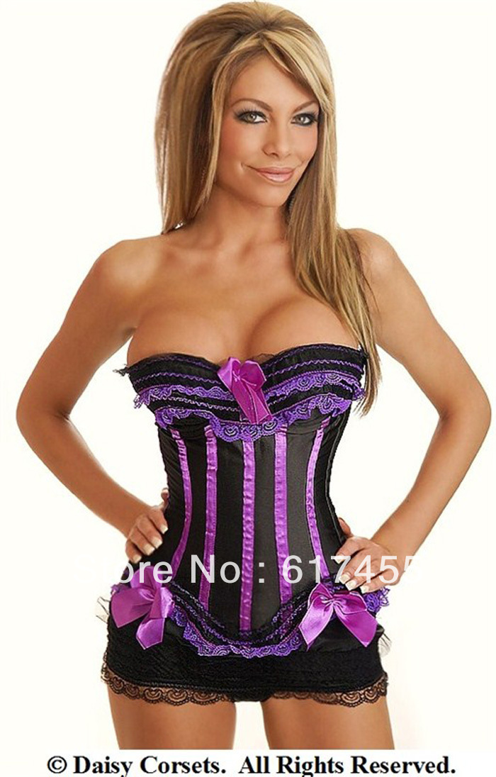 Fashion lady intimates sexy lingerie satin corset overbust black purple 8068