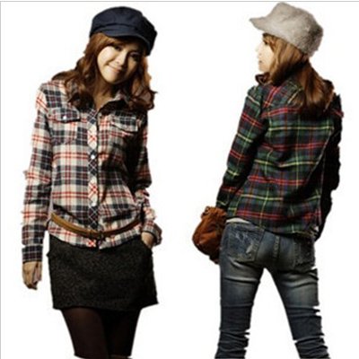 Fashion Lady Single-Breasted Shirt Spring Lapel Grinding Cotton Long Sleeve Grid Beige/Green Free Shipping Fashion Shirts