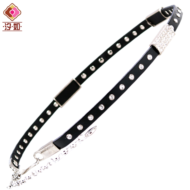 Fashion leather metal belly chain all-match flower rhinestone decoration genuine leather tassel thin belt