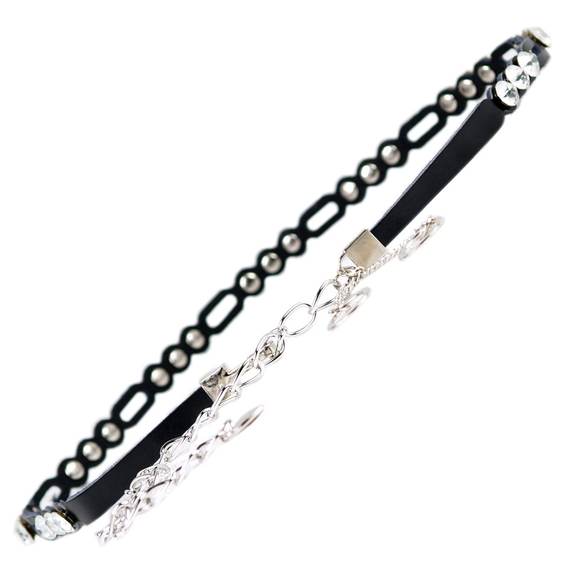 Fashion leather metal belly chain cutout rhinestone decoration genuine leather tassel thin belt black