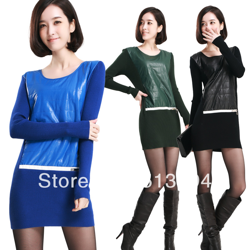 Fashion leather patchwork o-neck long-sleeve wool one-piece dress sweater basic skirt autumn and winter female plus size