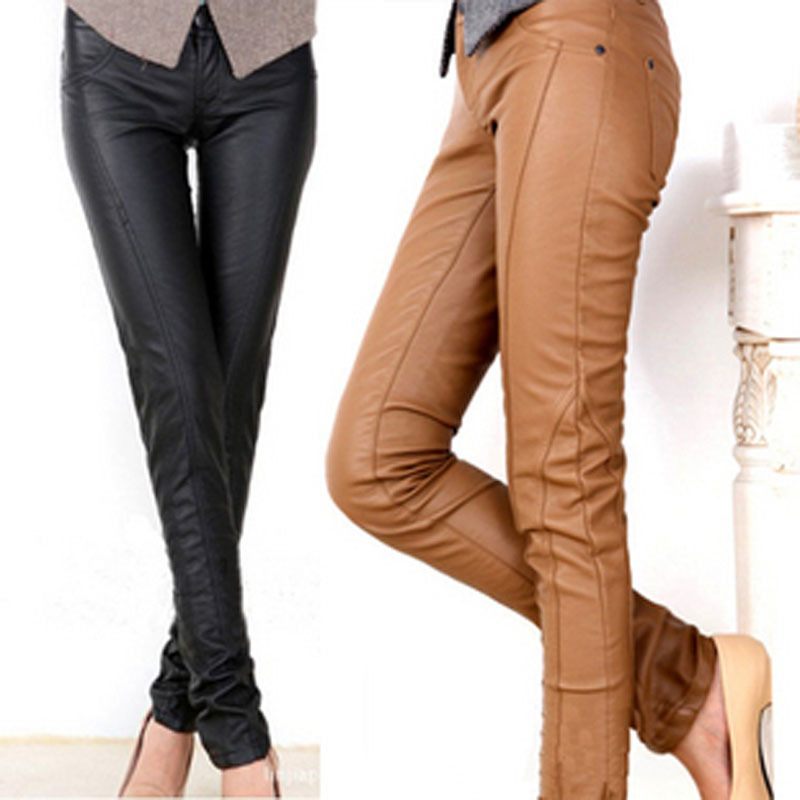 Fashion leather slim low-waist skinny pants high quality trousers leather pants