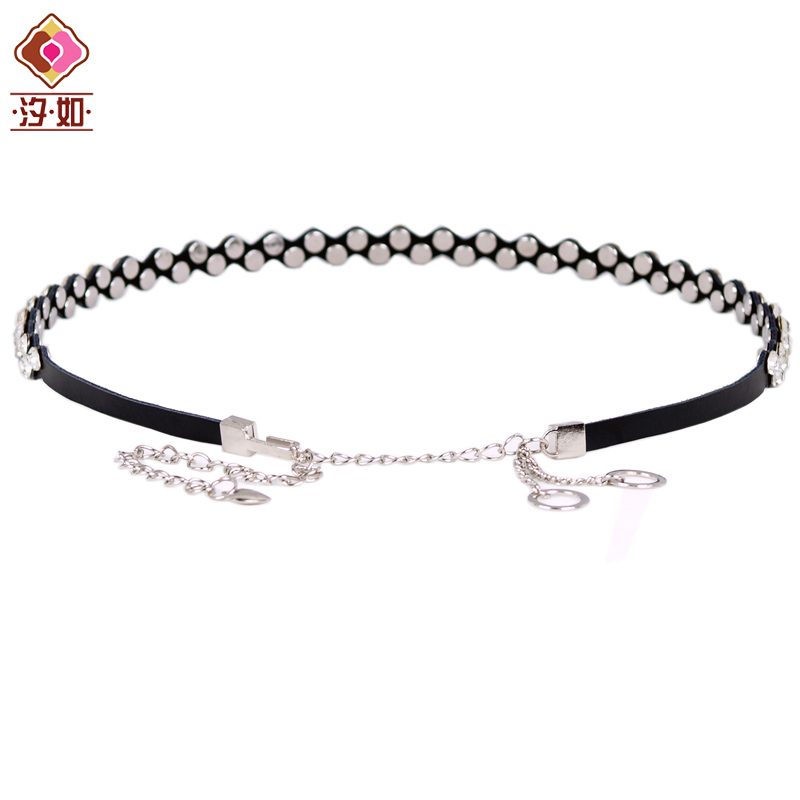 Fashion leather women's belly chain spring all-match rhinestone metal chain sweater thin belt