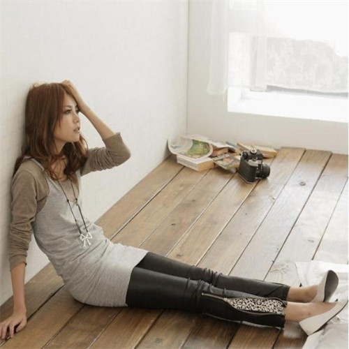 Fashion leather zipper sidepiece leopard print patchwork slim legging faux leather basic pants 5050