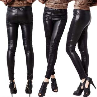 Fashion legging slim lace patchwork tight skinny pants autumn and winter female all-match black leather pants