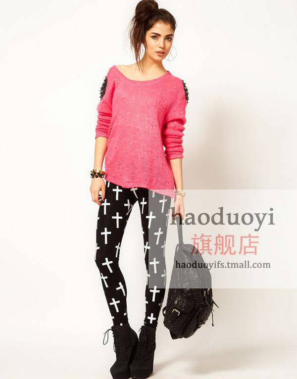 Fashion leggings with white cross printed + high elastic free shipping