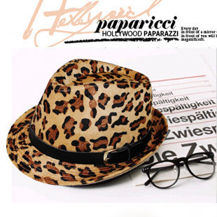 Fashion leopard print jazz hat leather buckle on roll-up hem vintage woolen fedoras women's male hat fashion