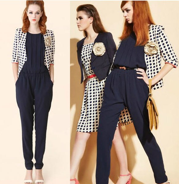 Fashion Lily loose three-dimensional chest folds chiffon high waist Jumpsuits Rompers pants Navy blue,Green S,M,L #4444