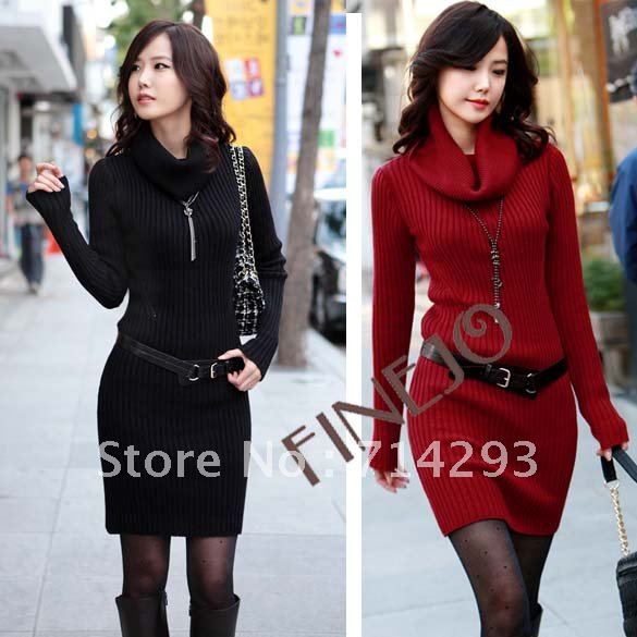 Fashion Long Sleeve Dress High Collar Knitted Sweater Slim Mini Dress Women 4 Colors free shipping 7865
