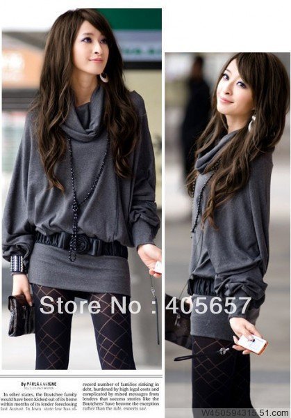 Fashion Long-sleeved Leisure Sweet Shirt Creative New Large Lapel Package Hip Pure Color T-shirt  Bat Shirt No Belt