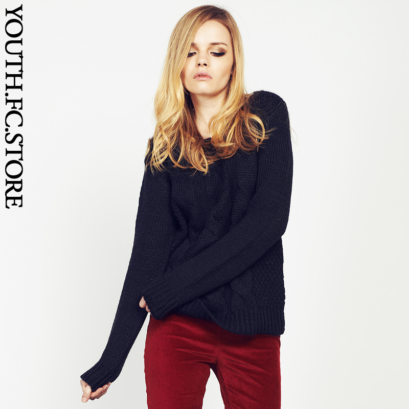 Fashion loose brief black thick yarn pullover long-sleeve sweater Women