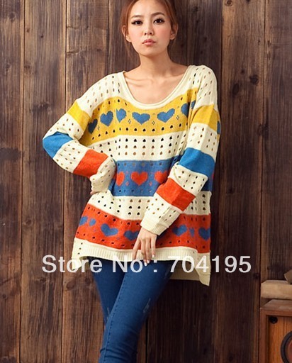Fashion  loose  Knitwear Ladies  Sweater   Hollow heart shape pattern Knitedwear   Winter Pullover Cardigan