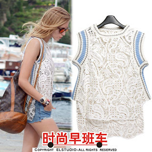 Fashion low-high unique crotch cutout sleeveless pullover knitted te1422