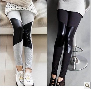 Fashion matt faux leather irregular knee patchwork faux leather pants elastic legging boot cut jeans