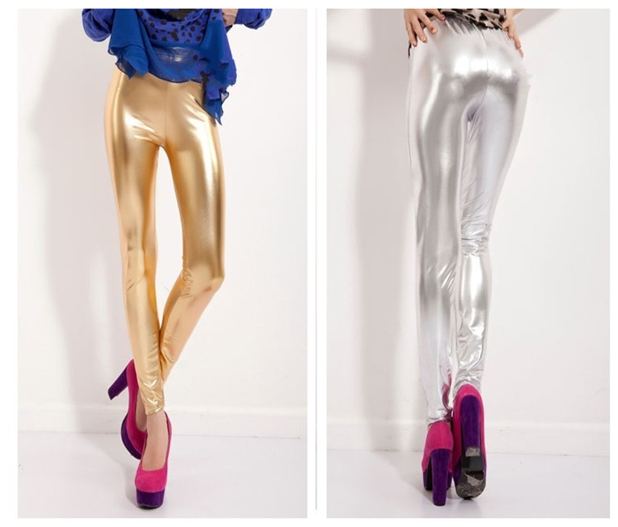 Fashion metal quality legging sexy fashion gold and silver faux leather pants female ankle length legging