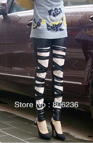 Fashion Metallic Leather+Lace Cross Wrap Women Sexy Skinny Leggings     B271
